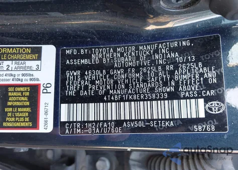 2014 Toyota Camry L z USA, uszkodzony, nr VIN 4T4BF1FK8ER358339